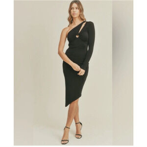 Mable Dress Medium One Shoulder Black Stretch Midi Formal Cocktail Ohyan O-Ring
